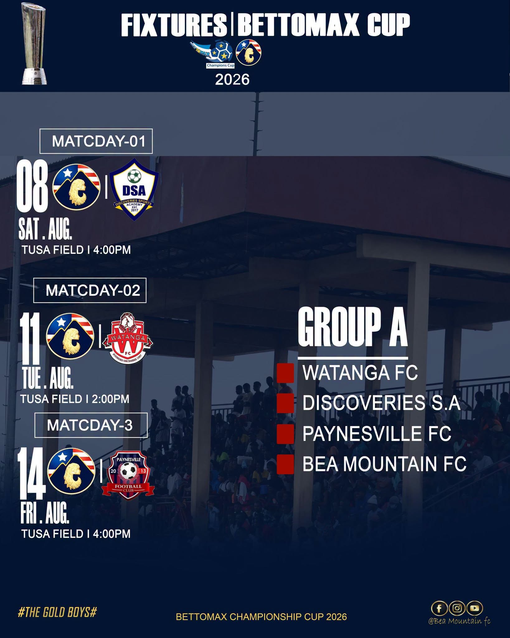 Official FC BEA Mountain Bettomax Cup 2026 group fixture calendar